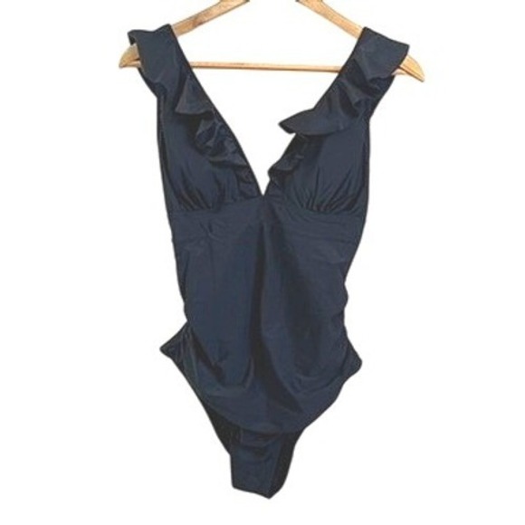 Cupshe Other - Cupshe One Piece Swimsuit Ruffle V Neck Tie Back Black Women's‎ Size Large